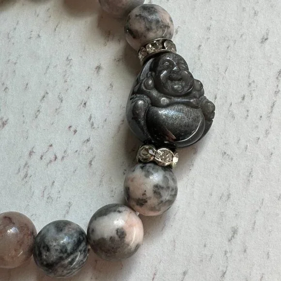 Shades of Grey! Beautiful Jasper Stretch Buddha Bracelet size 7 - Picture 2 of 8